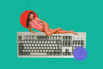 Sketch image trend artwork 3D photo collage of young attractive model lady in swimwear pose on huge...