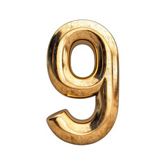: 3d Royal Gold number "9" letter floating over a white background PNG