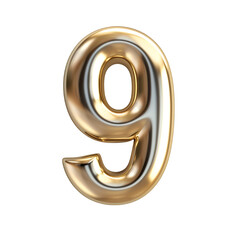 : 3d Royal Gold number "9" letter floating over a white background PNG