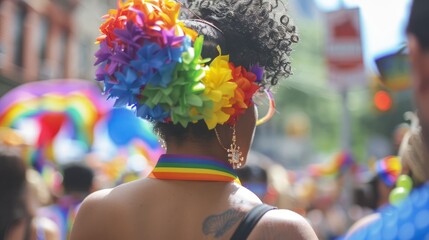 gay pride parade in a city  - obrazy, fototapety, plakaty