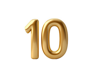 : 3d Royal Gold number "10" letter floating over a white background PNG