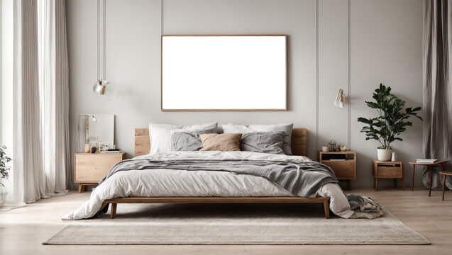 Empty square frame for print or poster mockup on white wall in modern neutral gray bedroom interior with wood floor, rug with geometric pattern, bedside tables, lamps