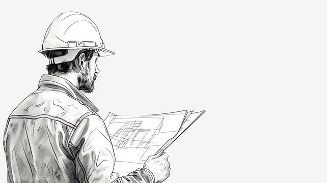 Engineer scrutinizing blueprints for precision in a one-line art style