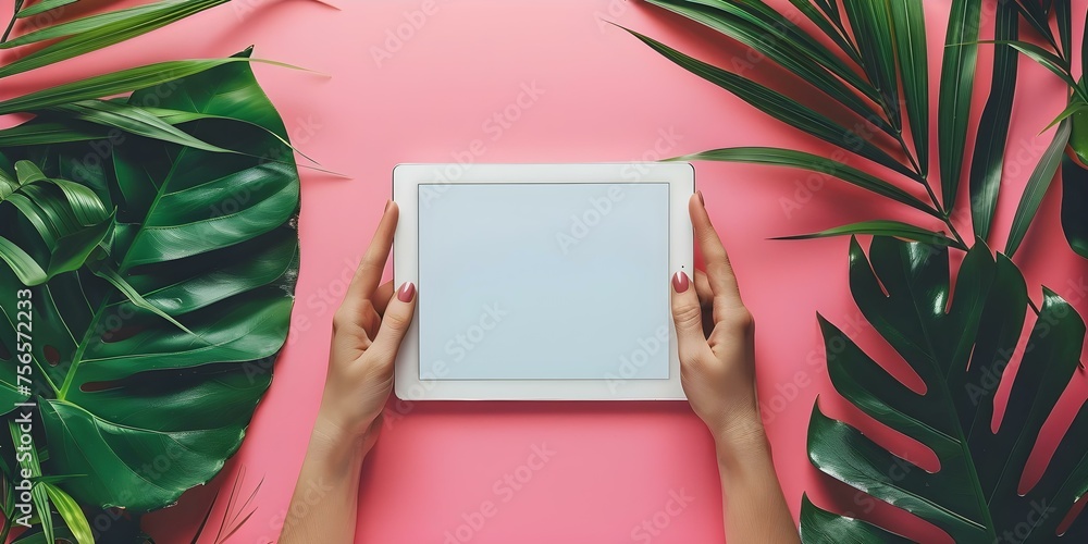 Poster creating custom content with a digital device: blank screen used. concept product photography, digit