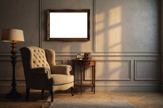 empty frame with Classic English armchair on the background of an empty wall, Sunset light on the wal 