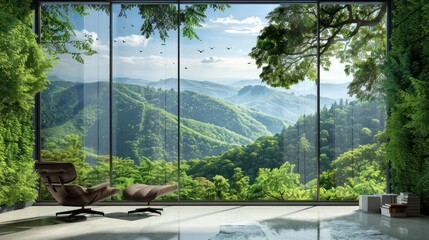 glass window wall view nature theme living room with nature behind glass windows modern nature...