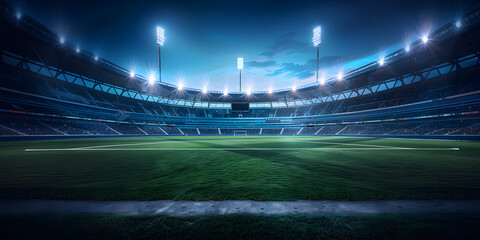 Modern large football stadium with green lawn and blue floodlight, stadium background illustration at night - obrazy, fototapety, plakaty