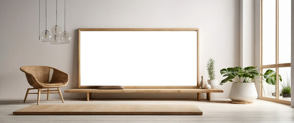 empty Minimal wooden picture poster frame mockup on white wallpaper
