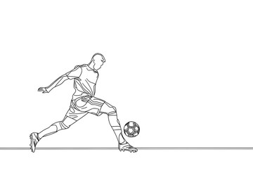 Fototapeta premium illustration of a soccer player dribbling the ball drawn in black line on a white background, soccer background image with place for text. Transparent background