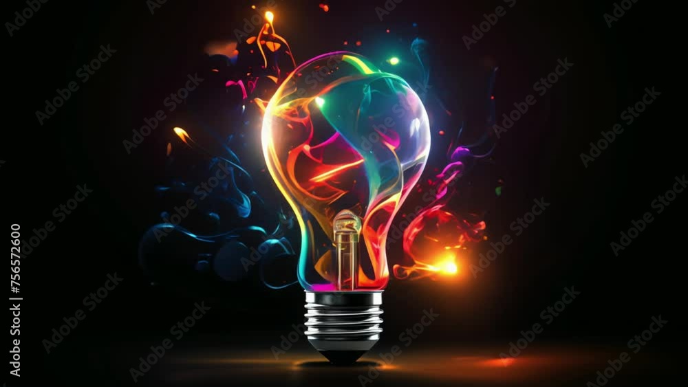 Sticker lightbulb idea concept with colorful liquid of splashing unique creative idea on black background,