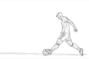 illustration of a soccer player dribbling the ball drawn in black line on a white background, soccer background image with place for text. Transparent background