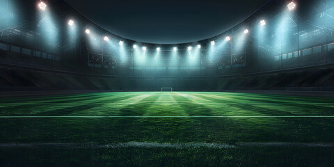 Modern large football stadium with green lawn and blue floodlight, stadium background illustration at night