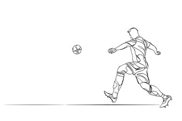 Fototapeta premium illustration of a soccer player dribbling the ball drawn in black line on a white background, soccer background image with place for text. Transparent background