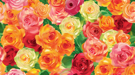 Seamless pattern background of colorful flat roses flowers wallpaper, floral design with vibrant colors