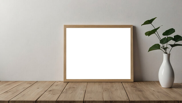 Empty Minimal wooden picture poster frame mockup on white wallpaper