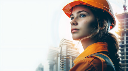 Portrait of a young construction worker woman with a safety helmet with buildings under construction be seen in the background with copy space