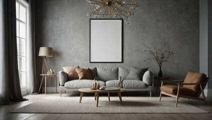 Empty mock up frame in modern interior background, living room, Scandinavian style