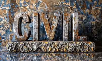 "CIVIL" sign, photorealistic 3d letters made of concrete and dirt