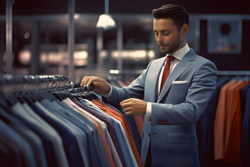 Client, handsome young businessman in a suit store checking the material, choosing the style of material color
