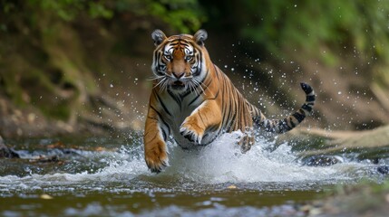 Siberian tiger running with a prisk in the water  - obrazy, fototapety, plakaty