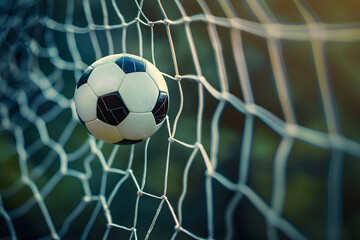 A soccer ball hits a goal with a net on a blurred background, illustration of a background with a soccer ball with space for text, successful kick