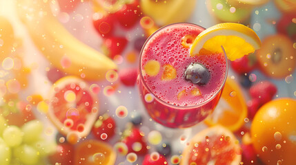 Close up of fresh fruits and berries smoothie in a glass. Healthy food concept background, banner,...