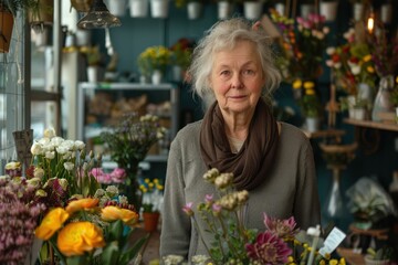 high resolution photos of the flower shop, standing at the counter working, smiling, looking in the camera, looking natural.