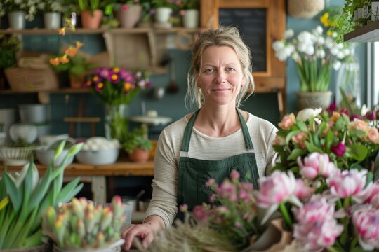 high resolution photos of the flower shop standing at the counter working, smiling, looking in the camera, looking natural. 