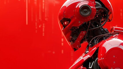 Futuristic red robot head profile against a monochrome background showcases AI advancement