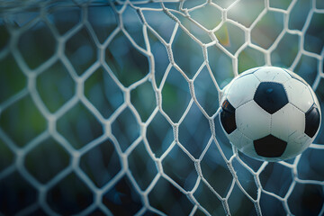 A soccer ball hits a goal with a net on a blurred background, illustration of a background with a soccer ball with space for text, successful kick