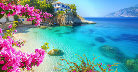 A serene beach with clear turquoise waters, surrounded by vibrant pink flowers and a classic white villa. Majestic mountains under a bright blue sky.