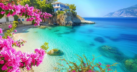 Fotobehang A serene beach with clear turquoise waters, surrounded by vibrant pink flowers and a classic white villa. Majestic mountains under a bright blue sky. © Valeriy