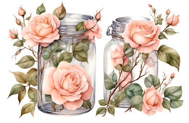 Watercolor set composition from peach fuzz color roses and green leaves in glass jar. Hand drawn illustration isolated background. Element painted natural plant twigs with light pink rose for design