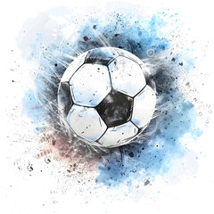 illustration of a soccer ball on a background of colored splashes of spots and stripes in a flat style, on a white background. Transparent background