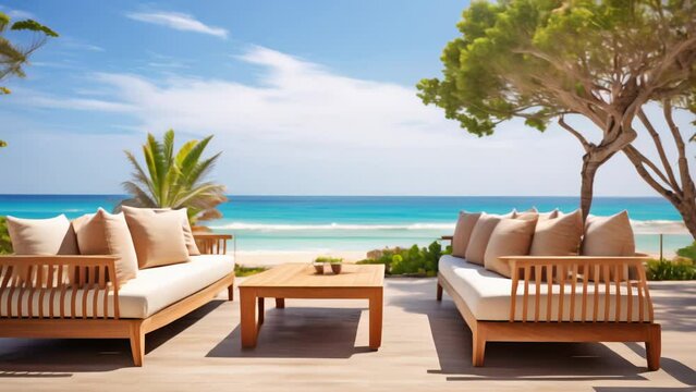 Santorini style of outdoor living beach luxury on sea view background, Sea view Beach luxury living