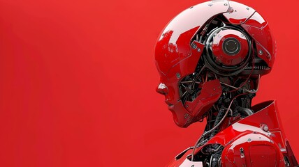 Futuristic red robot head profile against a monochrome background showcases AI advancement