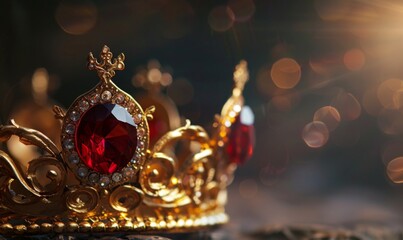 Golden crown with a bright red ruby on top