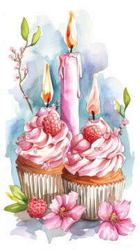 Hand drawn watercolor illustration of a cupcake with flowers and candle