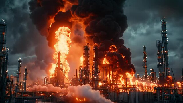 Major fire at an industrial oil refinery. Powerful explosion with black smoke cloud 