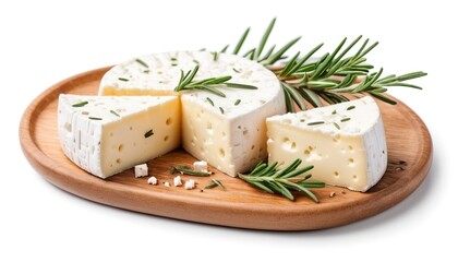 Cut cheese feta with rosemary Isolated on white background, Top view