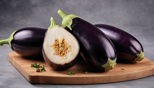 Cut into pieces of ripe eggplant on a wooden cutting board. On a gray background