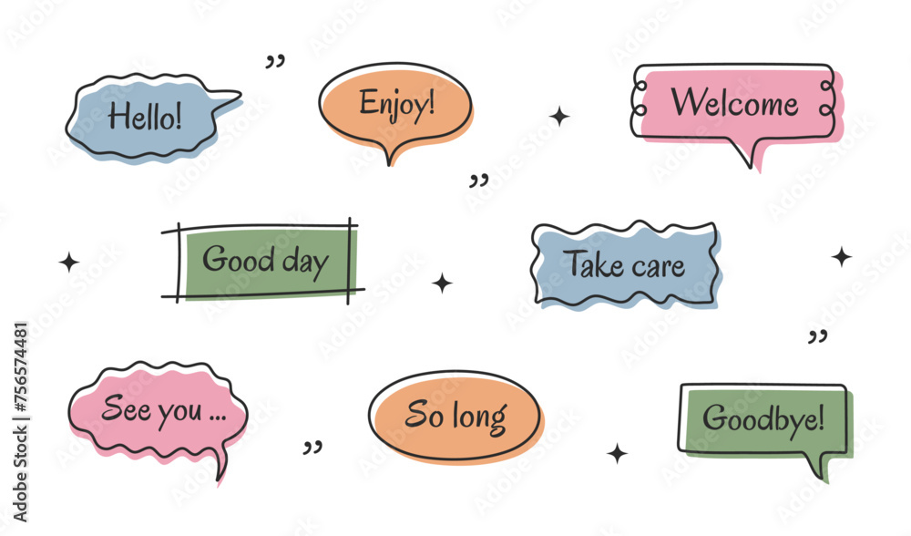 Poster hand-drawn doodle line simple balloon frames for text title. set of vector colorful text boxes, spee
