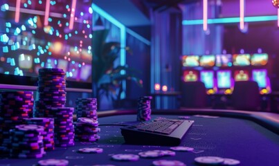 Virtual poker table with high racks of chips - obrazy, fototapety, plakaty