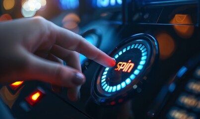 Player's hands pressing the Spin button