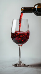 Red wine being poured into a wine glass on a gray background.
