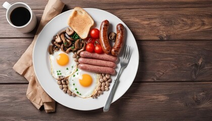 English breakfast.Fried eggs with sausages, mushrooms and beans. On a wooden background - obrazy, fototapety, plakaty
