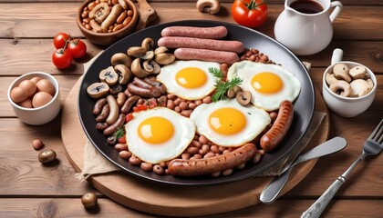 English breakfast.Fried eggs with sausages, mushrooms and beans. On a wooden background - obrazy, fototapety, plakaty