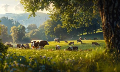 Herd of cows on a lush green pasture - obrazy, fototapety, plakaty