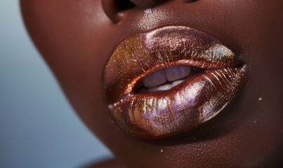Model's lips adorned with metallic lipstick, showing its shimmering effect