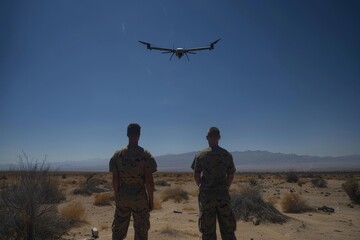Marine Corps personnel monitoring drone surveillance in desert training